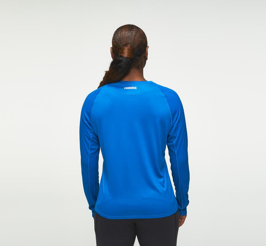 Hoka One One Top Damske Modre - Performance Dlho Sleeve - 07169-VUHN